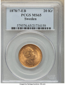Sweden: Oscar II gold 20 Kronor 1878/7-EB MS65 PCGS