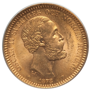 Sweden: Oscar II gold 20 Kronor 1878/7-EB MS65 PCGS