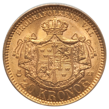 Sweden: Oscar II gold 20 Kronor 1878/7-EB MS65 PCGS