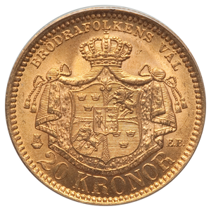 Sweden: Oscar II gold 20 Kronor 1878/7-EB MS65 PCGS