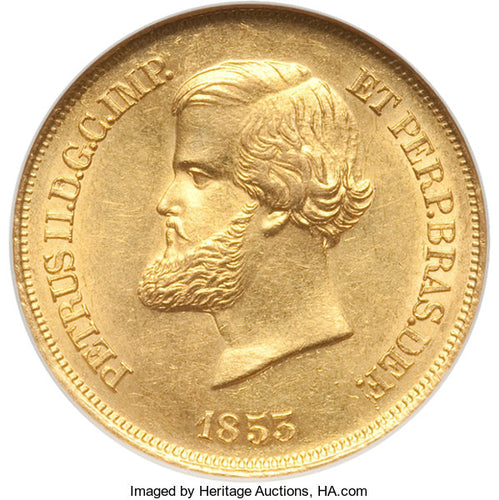 Brazil - Pedro II gold 10000 Reis 1853 MS62 NGC