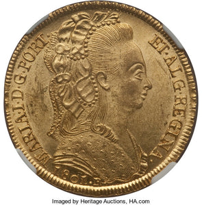 Brazil - Maria I gold 6400 Reis 1801-R MS63 NGC