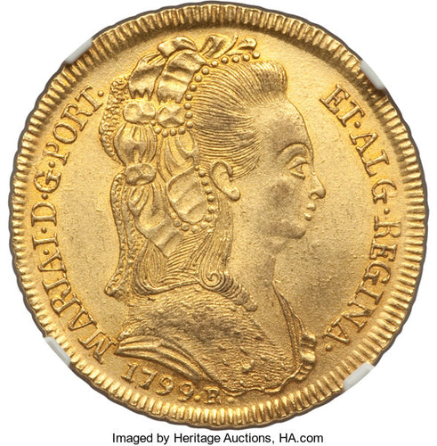Brazil - Maria I gold 6400 Reis 1799-R MS62 NGC